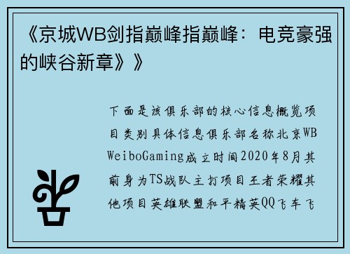 《京城WB剑指巅峰指巅峰：电竞豪强的峡谷新章》》